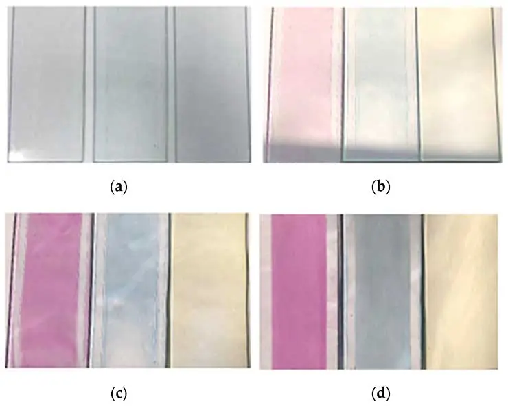 Стеклянные пластины с покрытием разных цветов: (a) Без пребывания на солнце, (b) 10-секундное пребывание на солнце, (c) 30-секундное пребывание на солнце, (d) 60-секундное пребывание на солнце